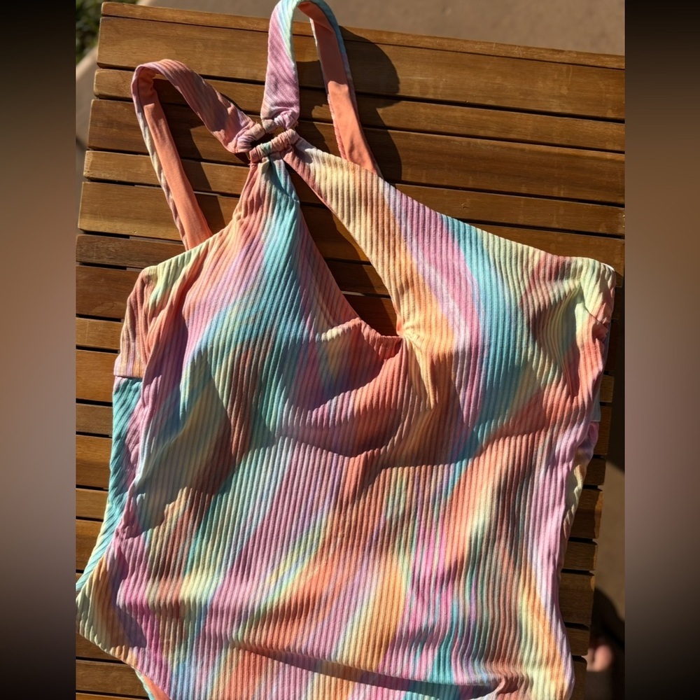 LARGE NWT Asymmetrical Pastel Striped Women's One Piece Bikini pink multi color